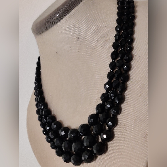 Vintage 60s Jet Black Crystal Graduated Triple Stand Necklace - Picture 10 of 13